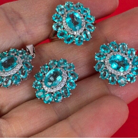 925 Sterling Silver Jewelry Set with Natural Paraiba Topaz Gemstone & Cz - Picture 13 of 14